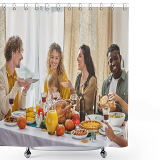 Personality  Happy Multiracial Family And Friends Gathering At Thanksgiving Table With Various Meals And Drinks Shower Curtains