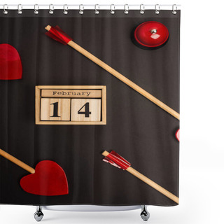 Personality  Top View Of Heart-shaped Arrows Near Wooden Cubes With 14 February Lettering And Bell Isolated On Black  Shower Curtains