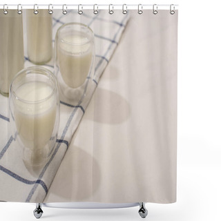 Personality  Selective Focus Of Bottles And Glasses Of Homemade Yogurt On Plaid Cloth On White Background Shower Curtains