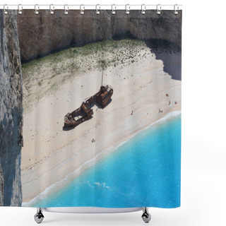 Personality  Zakynthos,Smuggler's Wreck,Smuggler's Bay With Shipwreck,view From Above To The Wreck,sea And The Sandy Bay Surrounded By High Cliffs,Greece,Ionian Islands. Zante,Ship Wreck Bay,view Fom The Steep Coast On Bay And Wreck. Shower Curtains