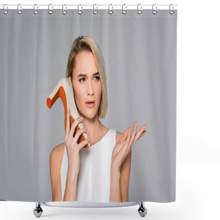 Personality  Beautiful Confused Girl Holding Heeled Shoe As Phone, Isolated On Grey Shower Curtains