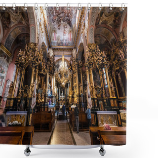 Personality  LVIV, UKRAINE - OCTOBER 23, 2019: Interior Of Carmelite Church With Paintings, Gilded Columns And Chandeliers Shower Curtains