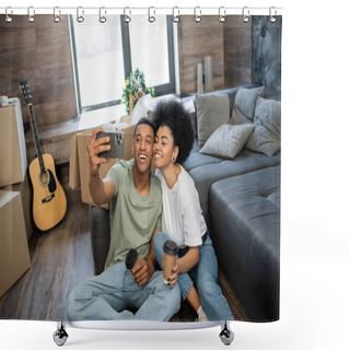 Personality  Happy African American Couple Taking Selfie And Holding Coffee Near Packages In New Living Room Shower Curtains