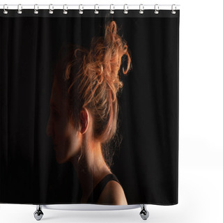 Personality  Profile Of Woman With Orange Colorful Holi Paint Powder On Face Isolated On Black Shower Curtains
