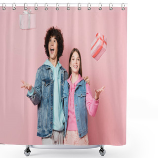 Personality  Cheerful Teen Couple Embracing Near Presents Isolated On Pink  Shower Curtains