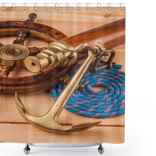 Personality  Old Anchor And Wooden Steering Wheel Shower Curtains