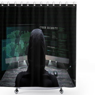 Personality  Back View Of Hooded Hacker Sitting Near Computer Monitors With Cyber Security Lettering On Black  Shower Curtains
