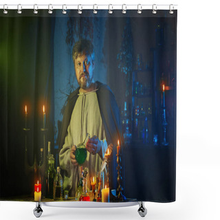 Personality  Portrait Of  Wizard With Burning Candles And Magic Potions Shower Curtains