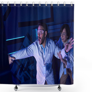 Personality  Exploring Future, Shocked Multiethnic Scientists Near Hand Appearing From Experimental Device Shower Curtains