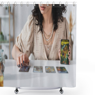 Personality  Cropped View Of Soothsayer Holding Blurred Tarot Cards Near Table  Shower Curtains