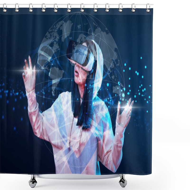 Personality  Shocked Young Woman In Vr Headset Gesturing Near Glowing Globe Illustration On Dark Background Shower Curtains