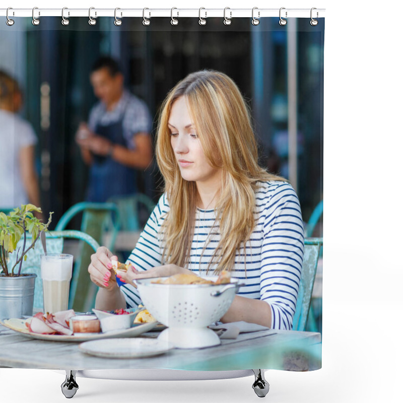 Personality  Young Woman Having Healthy Breakfast In Outdoor Cafe Shower Curtains