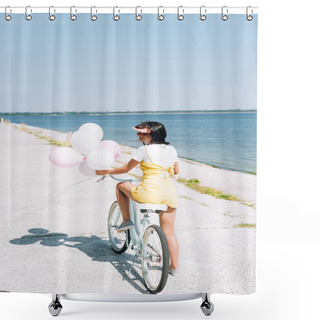 Personality  Back View Of Beautiful Brunette Girl Riding Bike With Balloons Near River Shower Curtains