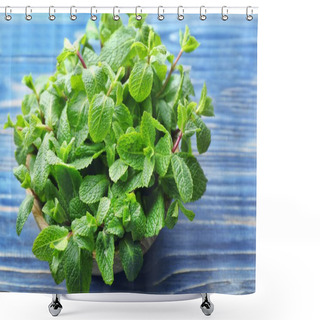 Personality  Bowl With Fresh Lemon Balm On Wooden Background Shower Curtains