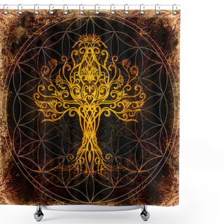Personality  Tree Of Life Symbol On Structured Ornamental Background, Flower Of Life Pattern, Yggdrasil. Shower Curtains
