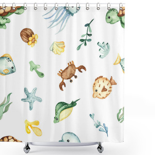 Personality  Underwater Creatures, Sea Turtle, Jellyfish, Fish, Algae, Corals On A White Background. Watercolor Seamless Pattern Shower Curtains