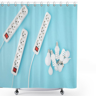 Personality  Flat Lay With Extension Cords And Different Light Bubs Isolated On Blue Shower Curtains