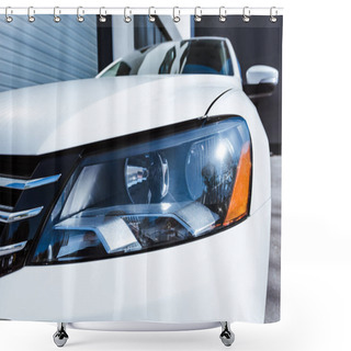 Personality  Close Up Of Headlight Of White New Car On Street Shower Curtains