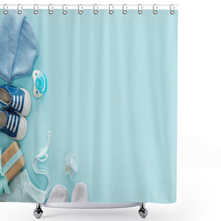 Personality  Top View Of Pacifiers, Gift, Sneakers, Bonnet, Booties, Hat On Blue Background With Copy Space Shower Curtains