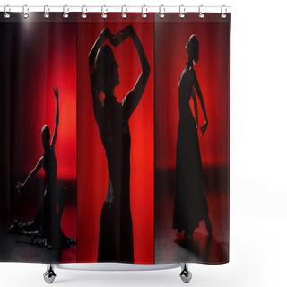 Personality  Collage Of Young And Elegant Woman Dancing Flamenco On Red Shower Curtains