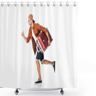 Personality  Side View Of Handsome Man Running With Luggage Isolated On White Shower Curtains