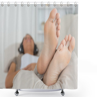 Personality  Woman With Her Feet Up Listening To Music Shower Curtains