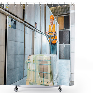 Personality  Smiling Warehouse Worker Carrying Pallet Jack In Tiles Department Shower Curtains