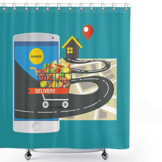 Personality  Colorful Vector Illustration Concept For Online Ordering Of Food. Delivery Vector Illustration Concept For Grocery Delivery Shower Curtains
