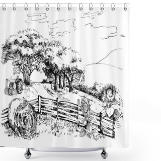 Personality  Green Grass Field On Small Hills. Meadow, Alkali, Lye, Grassland, Pommel, Lea, Pasturage, Farm. Rural Scenery Landscape Panorama Of Countryside Pastures. Vector Sketch Illustration Shower Curtains
