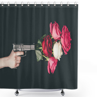 Personality  Female Hand Holding Gun With Bouquet Of Rose Flowers Isolated On Black Shower Curtains