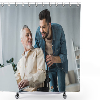 Personality  Cheerful Disabled Retired Man Sitting In Wheelchair Near Handsome Son Looking At Laptop Shower Curtains