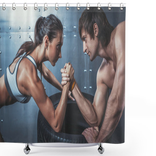 Personality  Athlete Muscular Sportsmen Man And Woman With Hands Clasped Arm Wrestling Challenge Between A Young Couple Crossfit Fitness Sport Training Lifestyle Bodybuilding Concept. Shower Curtains
