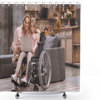 Personality  Smiling Mother And Little Daughter In Wheelchair Using Laptop Together While Father And Son Standing Behind At Home  Shower Curtains