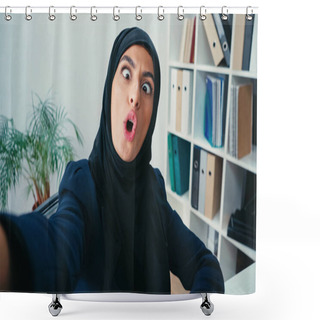 Personality  Young Muslim Businesswoman Grimacing While Taking Selfie  Shower Curtains