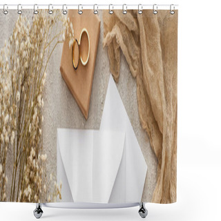 Personality  Panoramic Shot Of White Envelope And Card Near Flowers, Beige Sackcloth And Wedding Rings On Gift Box On Textured Surface Shower Curtains