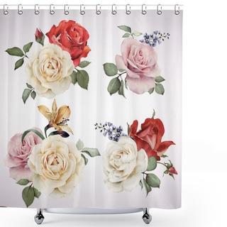 Personality  Set Of Vector Bouquets Of Roses, Watercolor, Can Be Used As Gree Shower Curtains