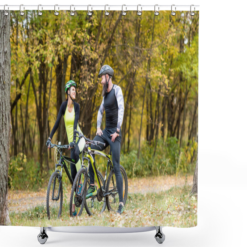 Personality  Cyclists With Bikes In Autumn Park Shower Curtains
