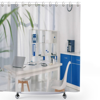 Personality  Table With Chairs And Shelves With Documents At Working Place In Hospital Shower Curtains
