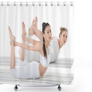 Personality  Multiethnic Girls Doing Frog Pose Shower Curtains