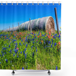 Personality  A Meadow With Round Hay Bales And Fresh Texas Wildflowers Shower Curtains