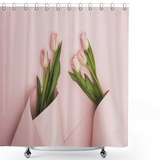 Personality  Top View Of Tulips Wrapped In Paper Swirls On Pink Background Shower Curtains