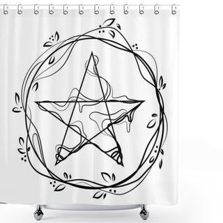 Personality  Pentagonal Star Graphic Pentagram In A Circle With Branches And Leaves Line Drawing Icon Logo Vector Illustration.Five Pointed Star,pentacle,acculite Sign Isolated On White Background.Tattoo Or Print Shower Curtains