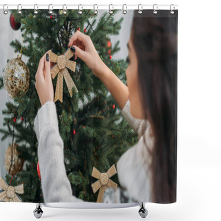 Personality  Woman Decorating Christmas Tree Shower Curtains