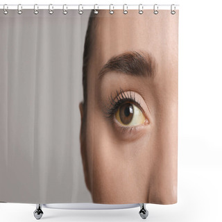 Personality  Woman With Yellow Eyes On Grey Background, Closeup And Space For Text. Liver Problems Symptom Shower Curtains
