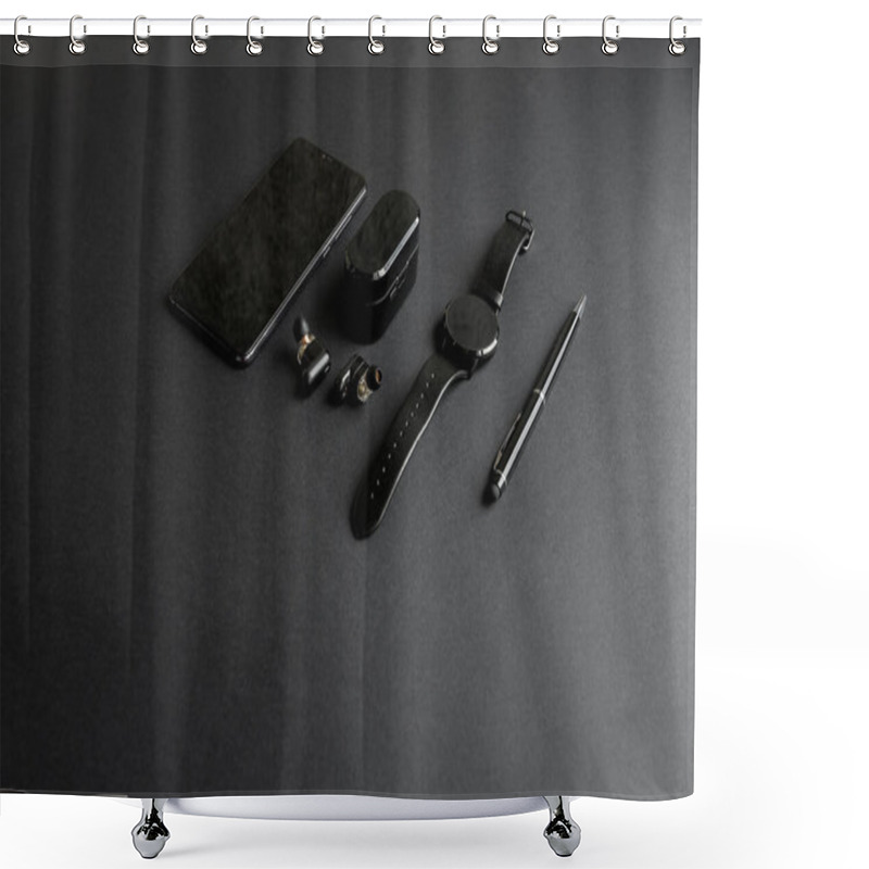 Personality  Accessories For Men's Beauty On A Monochromatic Background. Black Pen, Black Smart Watch, Smartphone And Wireless Headphones On Dark Background. View From Above. Minimalist Black Trend 2020. Shower Curtains