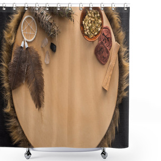 Personality  Top View Of Smudge Sticks With Dry Flowers, Dreamcatcher And Clay Amulets On Tambourine On Dark Wooden Surface Shower Curtains