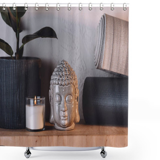 Personality  Sculpture Of Buddha Head, Burning Candle And Yoga Mats On Wooden Shelf  Shower Curtains