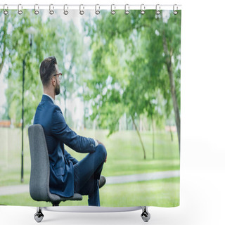 Personality  Young Businessman Sitting In Office Chair In Park And Looking Forward Shower Curtains