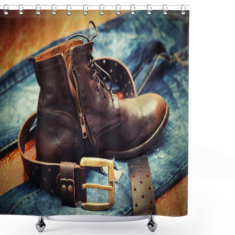 Personality  Fashion Trend - Jeans, Leather Shoes, Leather Belt With Buckle Shower Curtains