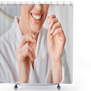 Personality  Cropped View Of Jolly Adult Woman In Bathrobe Cleaning Her Teeth With Dental Floss In Bathroom Shower Curtains